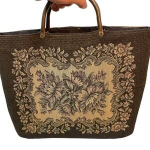 Vintage Floral Needlepoint Tapestry Victorian Metal Top Handle Tote Bag Purse